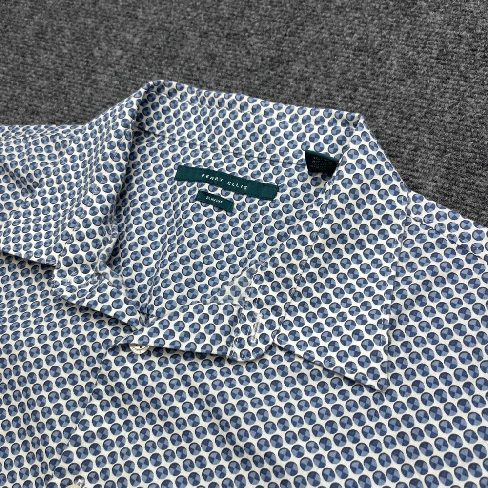 Perry Ellis Slim Fit Geometric Print Blue White Short Sleeve Button Down Shirt
